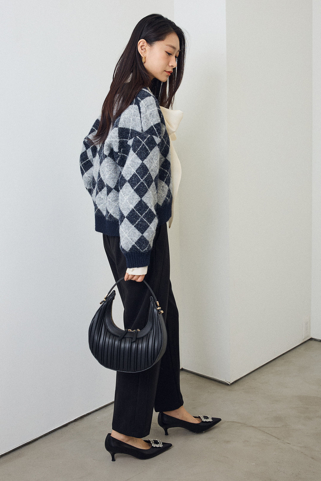 [予約]アーガイル柄ゴールドボタンニットカーデ