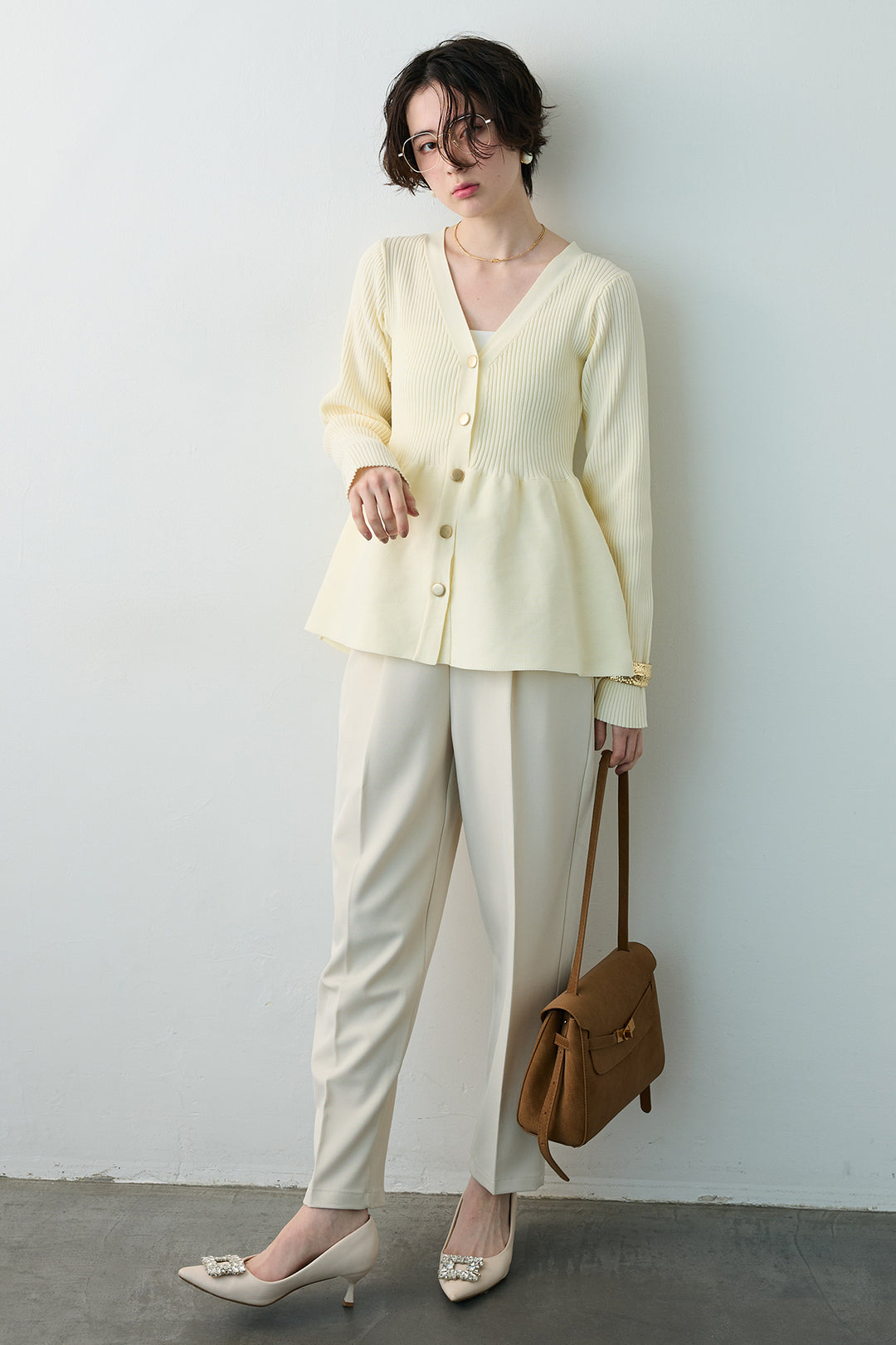 [予約/SET]スポンジペプラムリブニットカーデ+ベルトセットタックテーパードパンツ(2set)