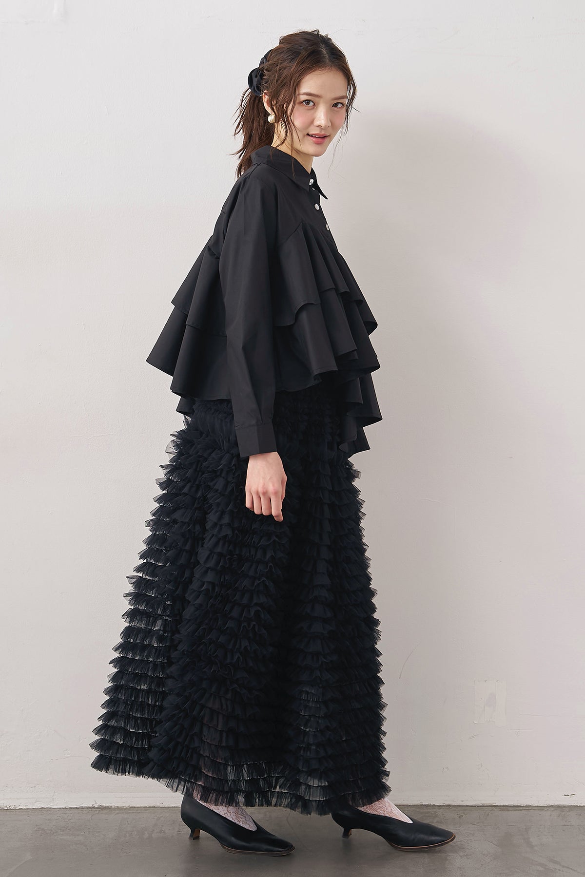 ホイップチュールティアードスカート　シロ　スフレアシメチュール　グレー 予約/SET]スフレアシメチュールスカート+スフレアシメチュールスカート