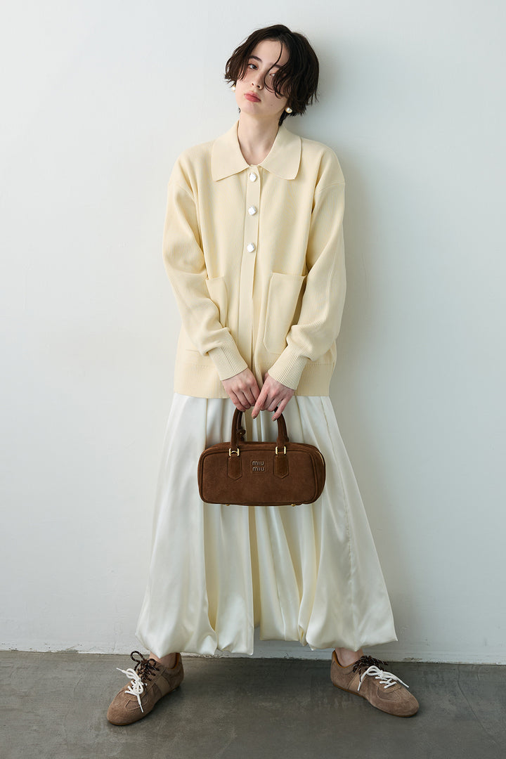 [予約/SET]メタルボタン襟付きニットカーディガン+サテンシャイニーバルーンスカート(2set)