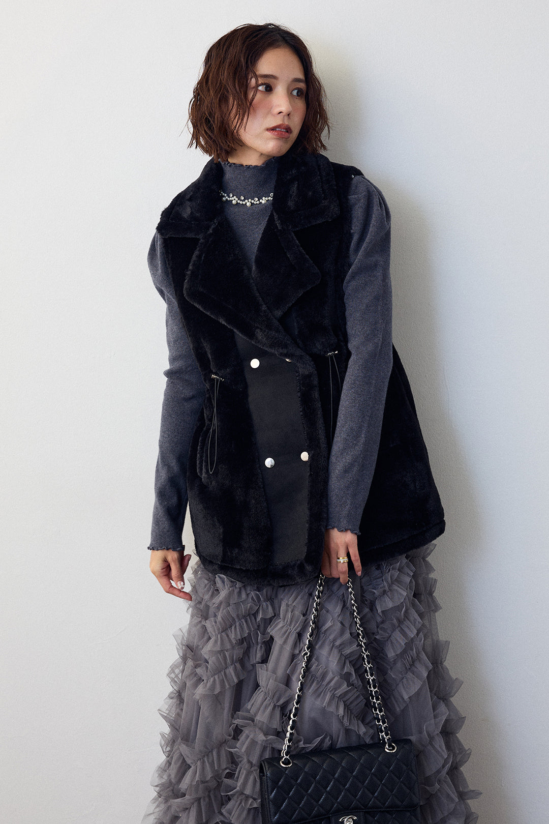 [予約/SET]テディボアウエストドロストベスト+スフレアシメチュールスカート(2set)