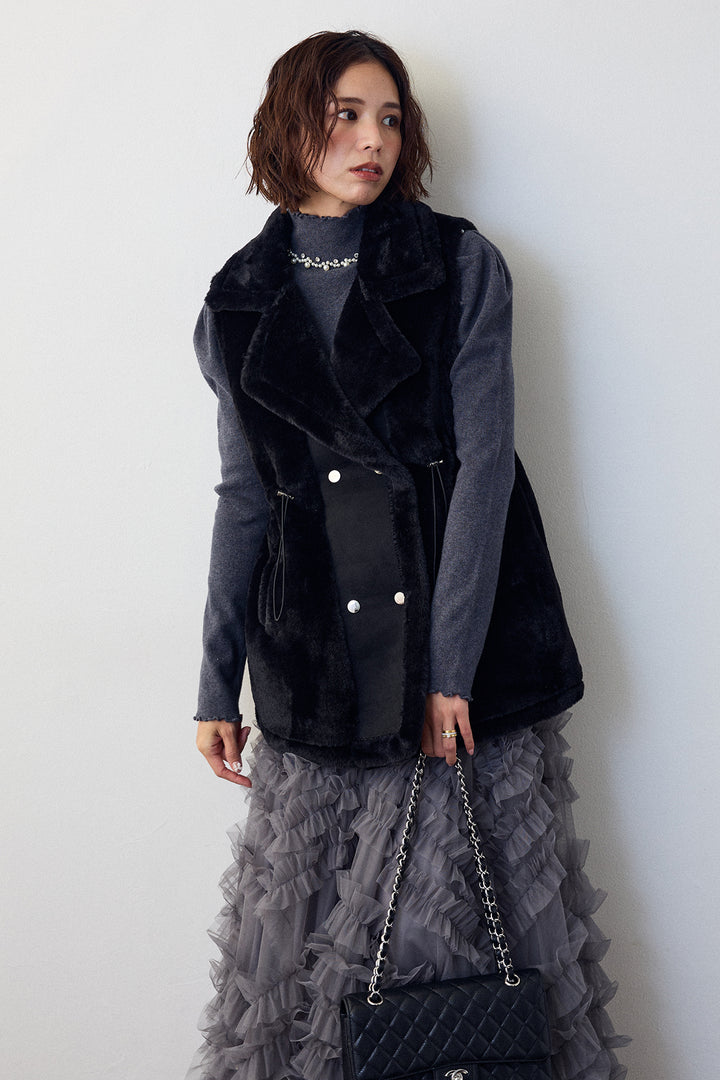 [予約/SET]テディボアウエストドロストベスト+スフレアシメチュールスカート(2set)