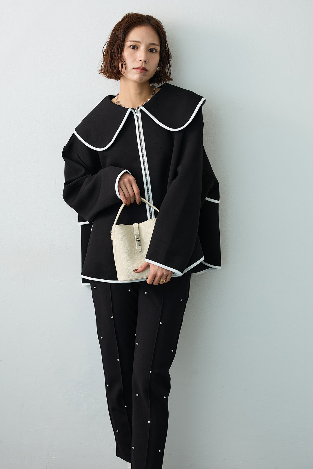 [予約/SET]バイカラーボンディング襟付きコート+センターシームランダムパールパンツ(2set)