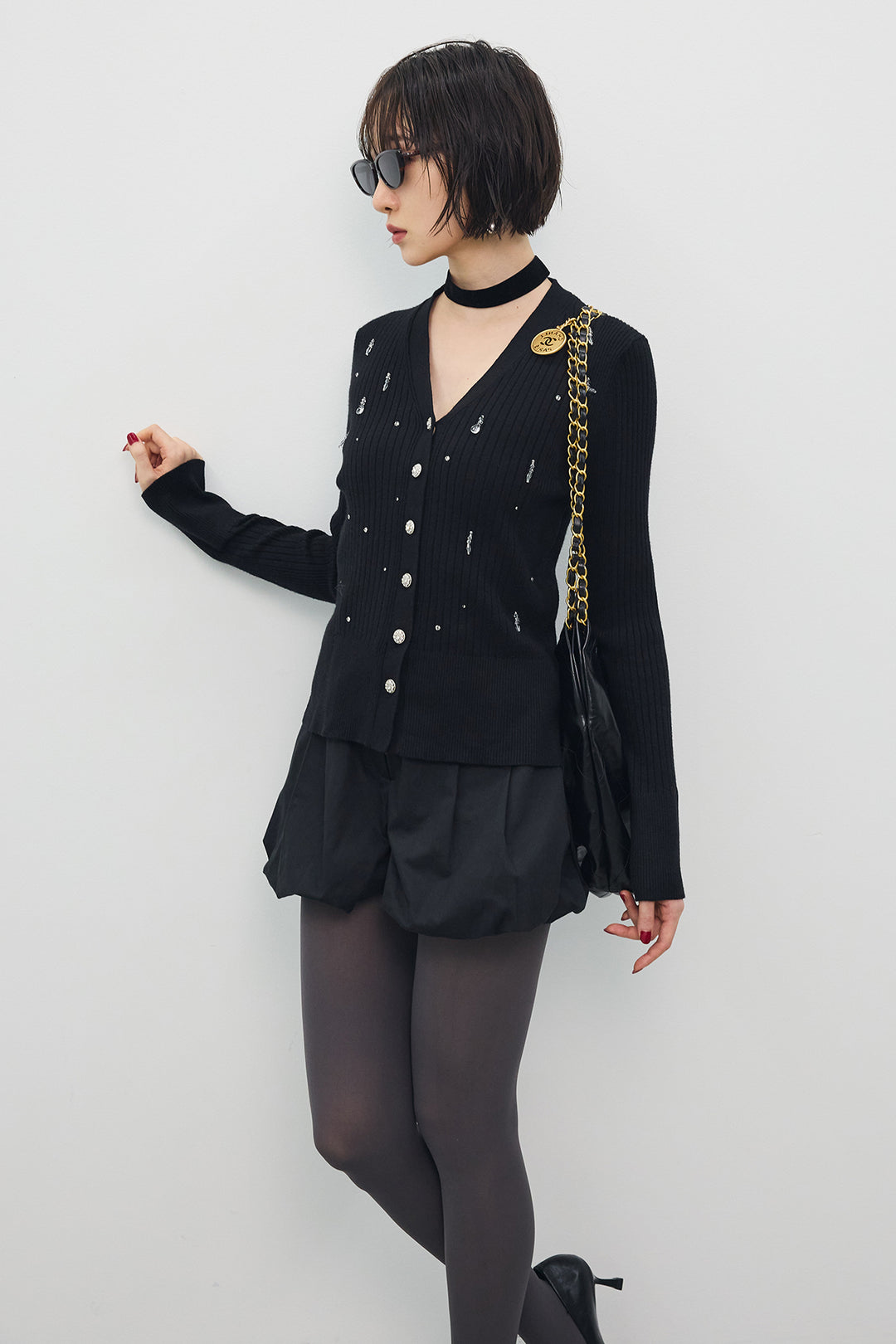 [予約/SET]ジュエリーデザインニットカーデ+バルーンショートパンツ(2set)