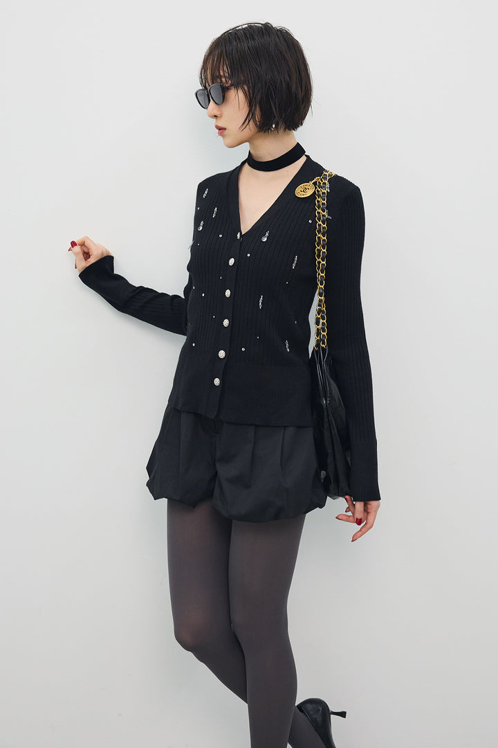 [予約/SET]ジュエリーデザインニットカーデ+バルーンショートパンツ(2set)