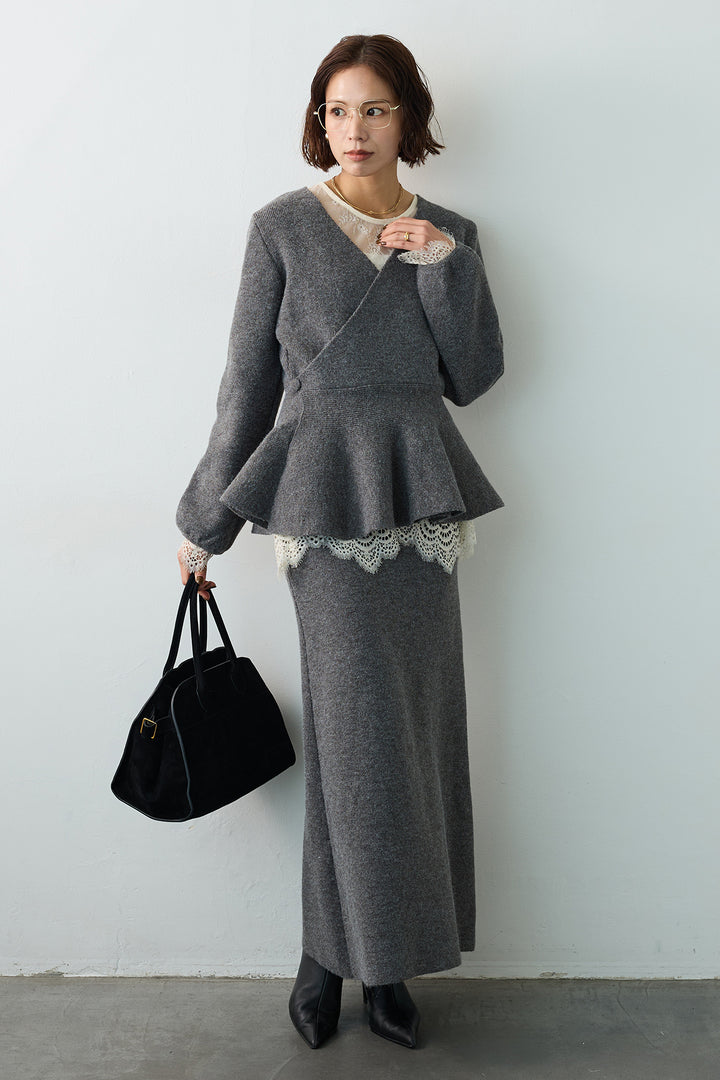 [予約/SET]ファインレーストップス+カシュクールフレアニットスカートセットアップ(2set)