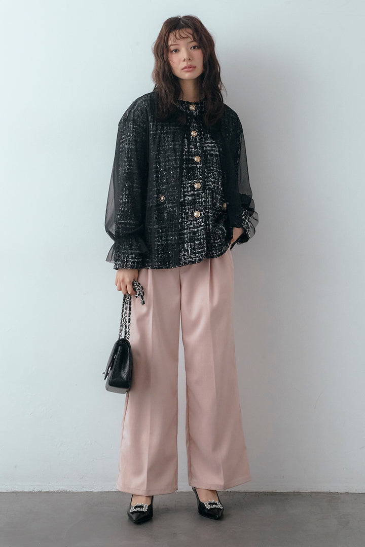 [予約/SET]2wayチュールレイヤードツイードジャケット+スプリングカラータックストレートパンツ(2set)