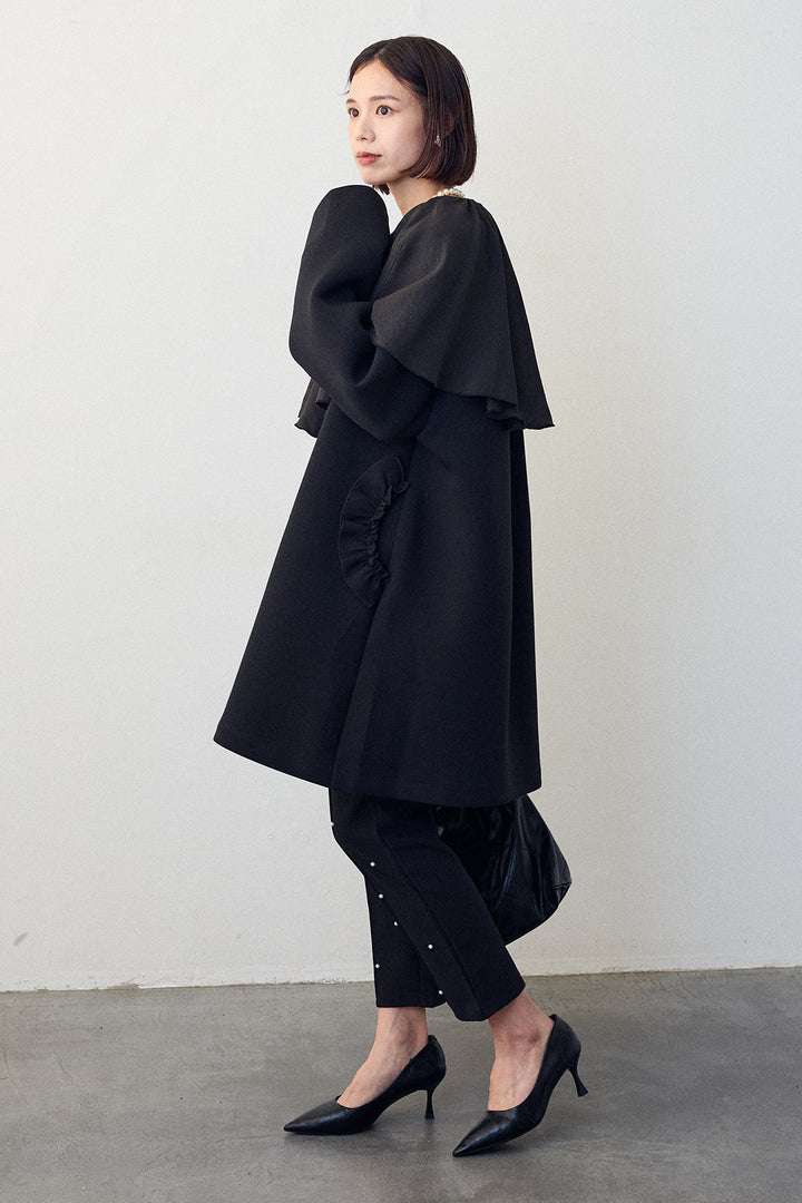 [予約/SET]BIGフリルカラーブラウス+フリルポケットボンディングノーカラーコート(2set)