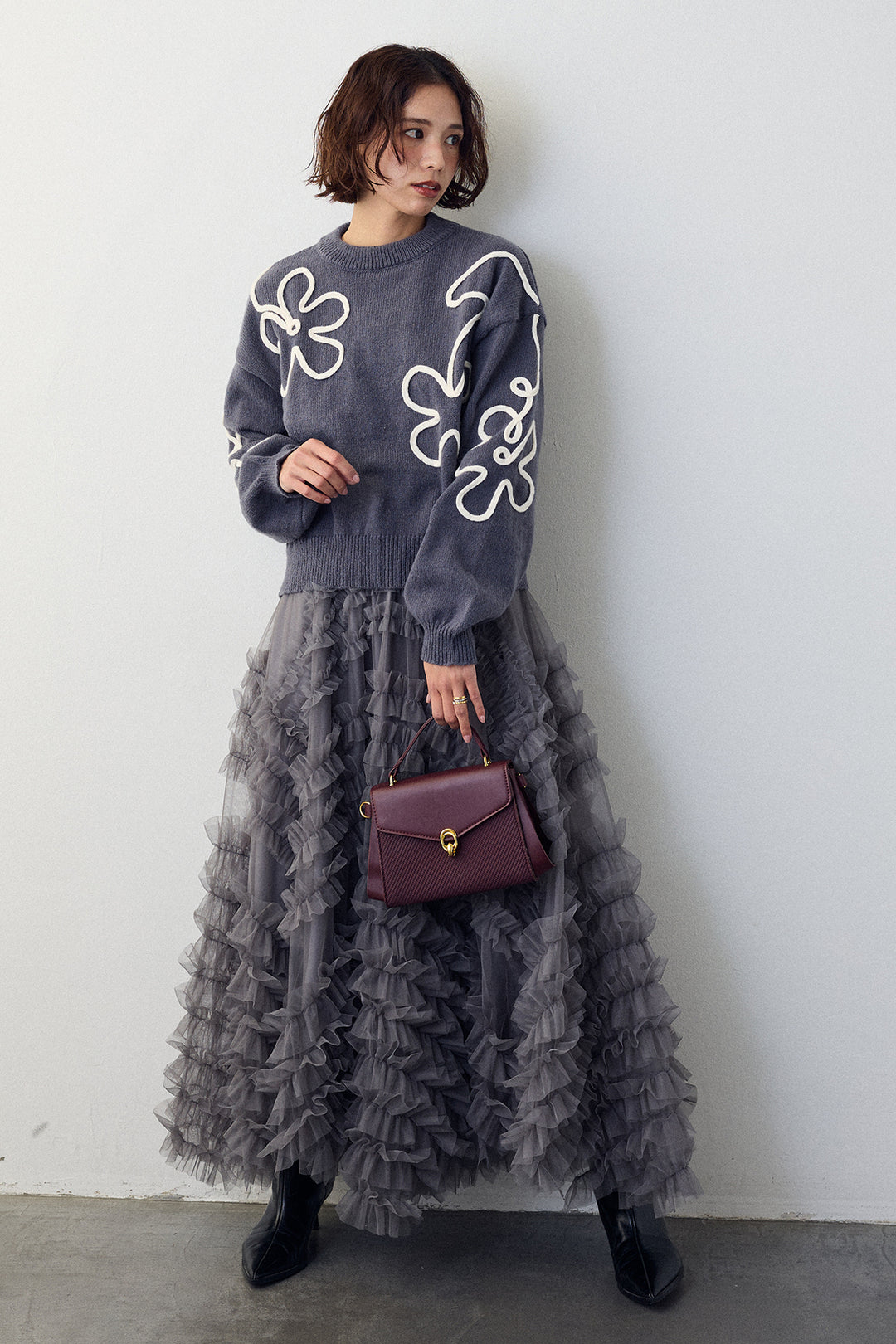 [予約/SET]コードフラワーニットプルオーバー+スフレアシメチュールスカート(2set)