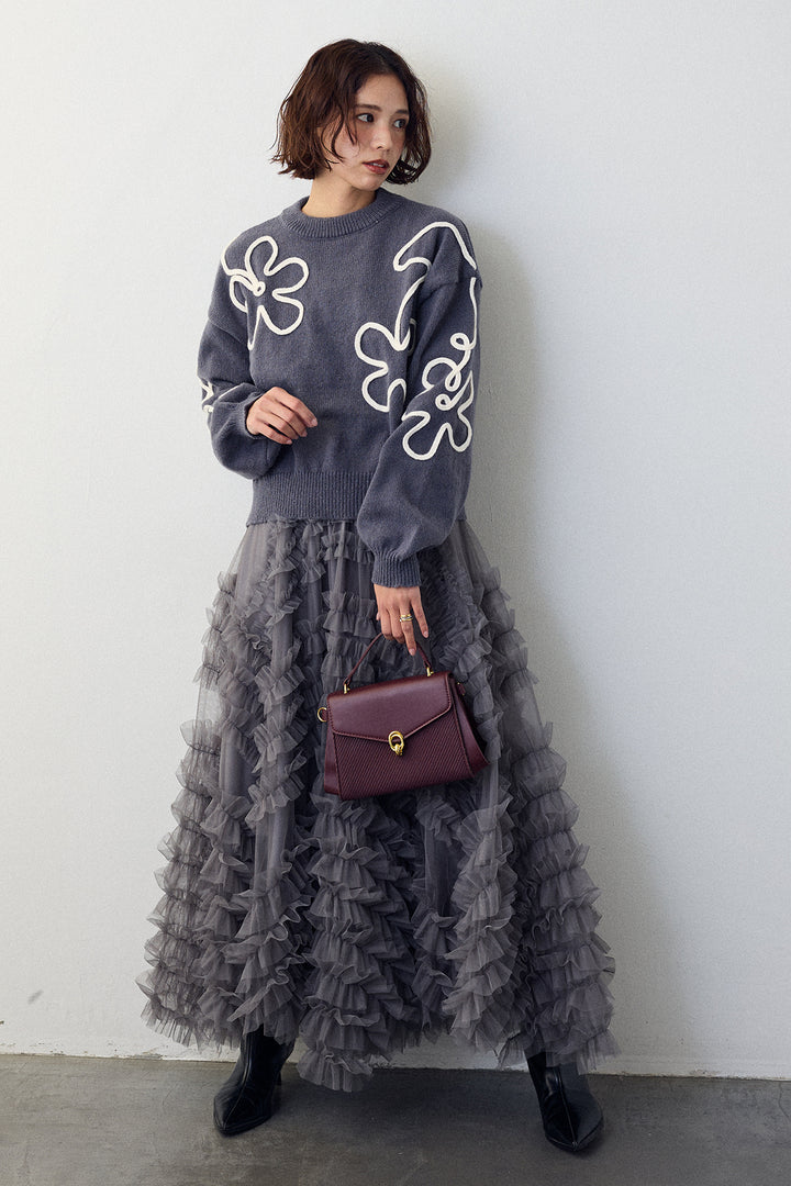 [予約/SET]コードフラワーニットプルオーバー+スフレアシメチュールスカート(2set)
