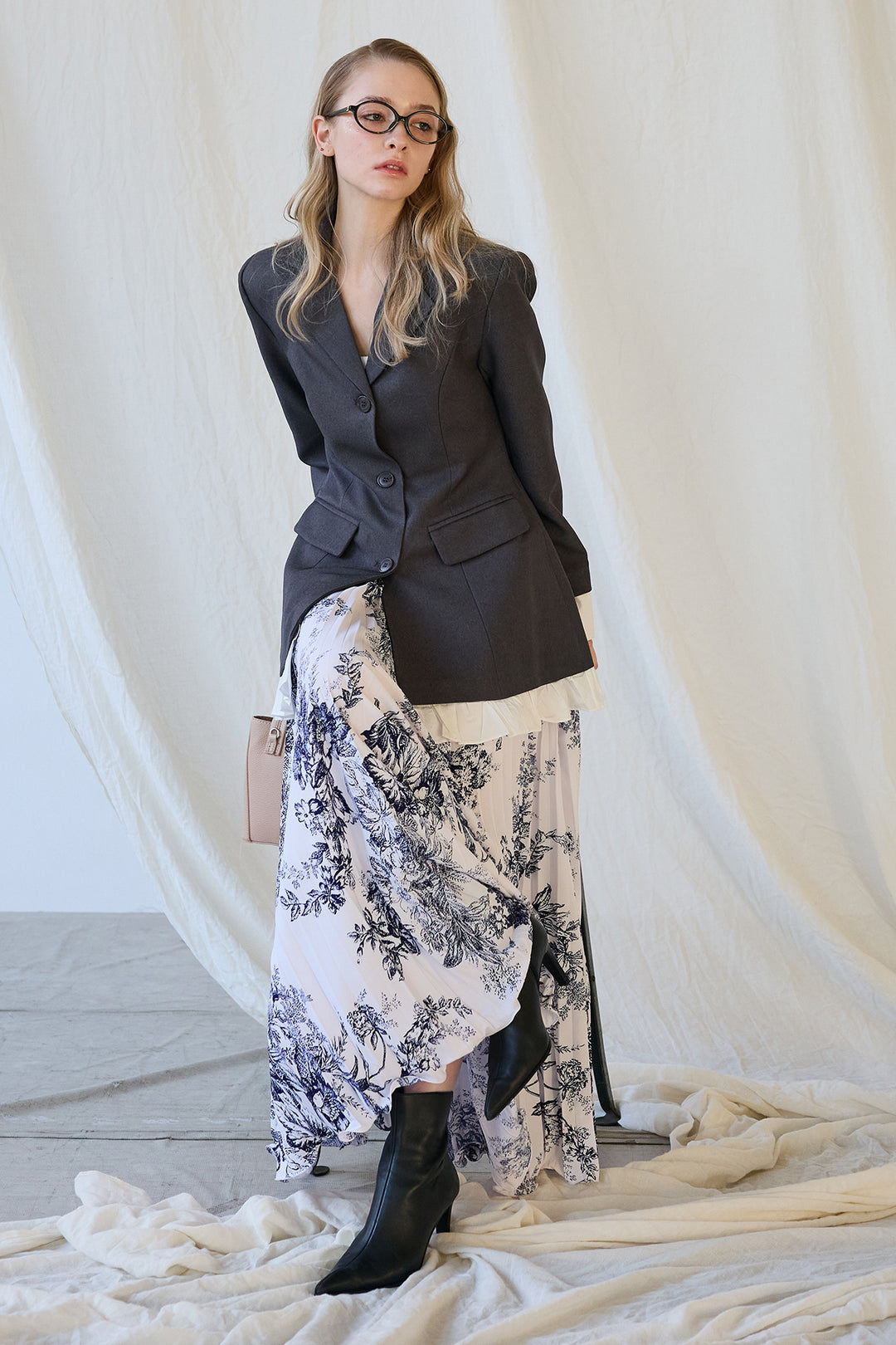 [予約/SET]プリンセスラインフリルドッキングジャケット+モノトーントワル柄プリーツスカート(2set)