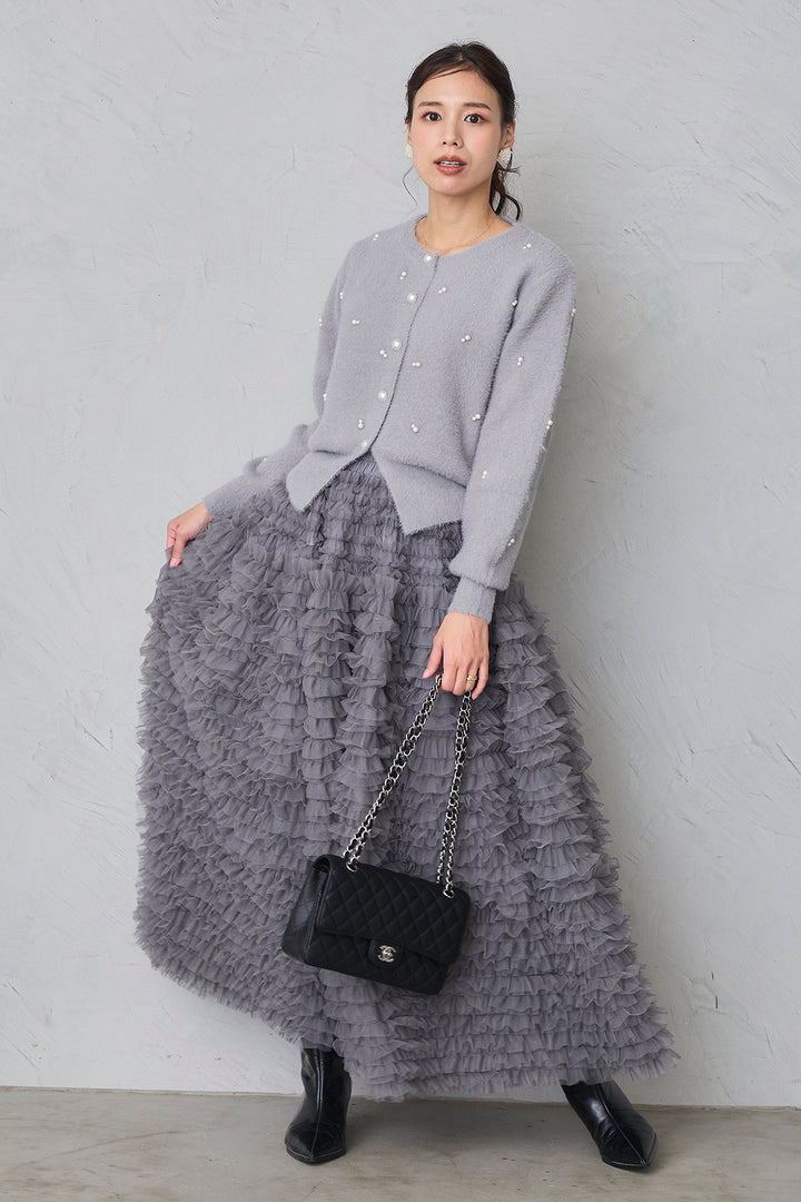 [予約/SET]ミックスパールシャギーコーディガン+ホイップチュールティアードスカート(2set)