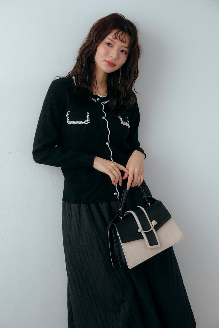 [予約/SET]ビジューパールデザインニットカーデ+ソフトキルトバルーンスカート(2set)