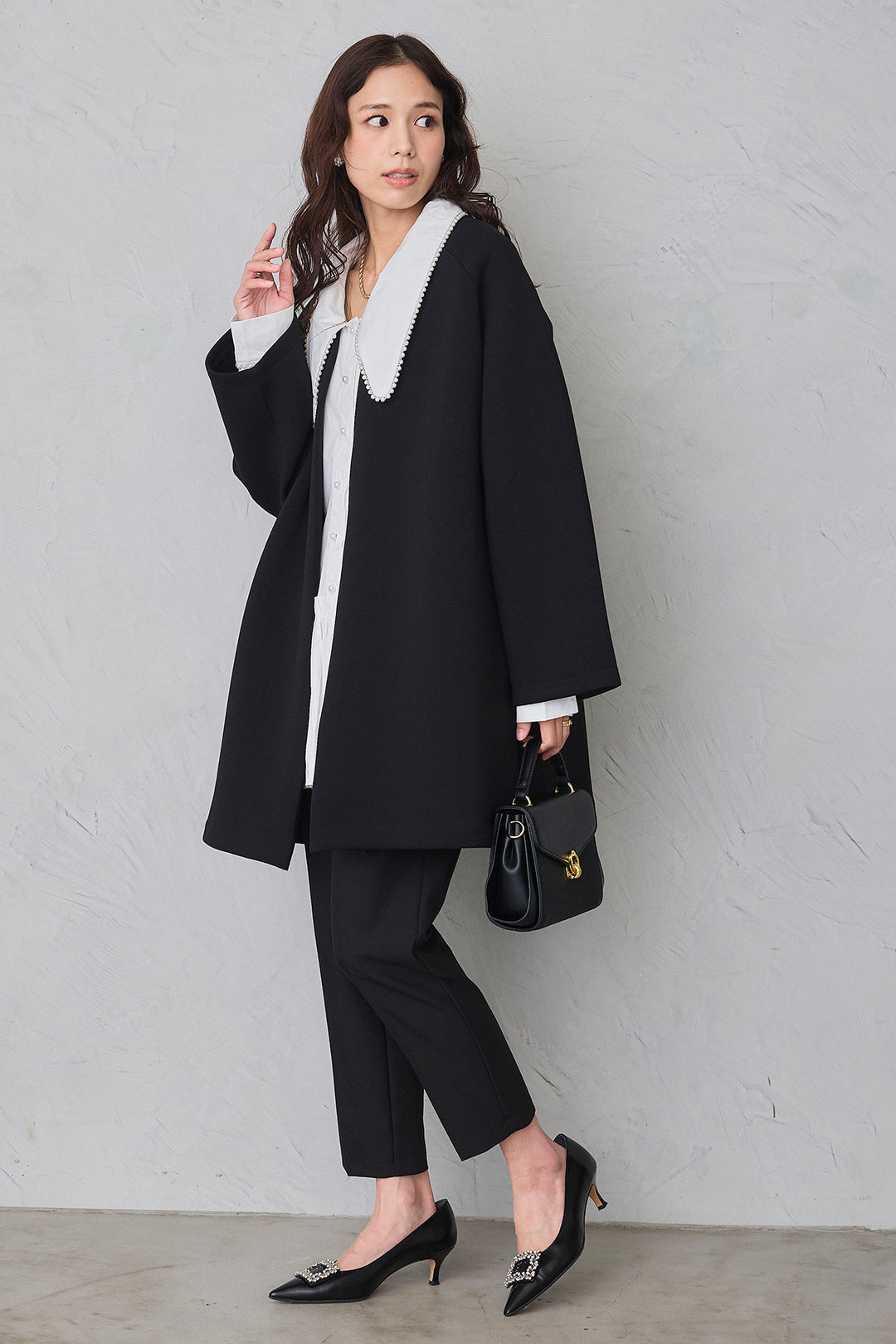 [予約/SET]パールライン襟×プリーツシャツ+ポケットパール付きダンボールコート+タックテーパードパンツ(3set)