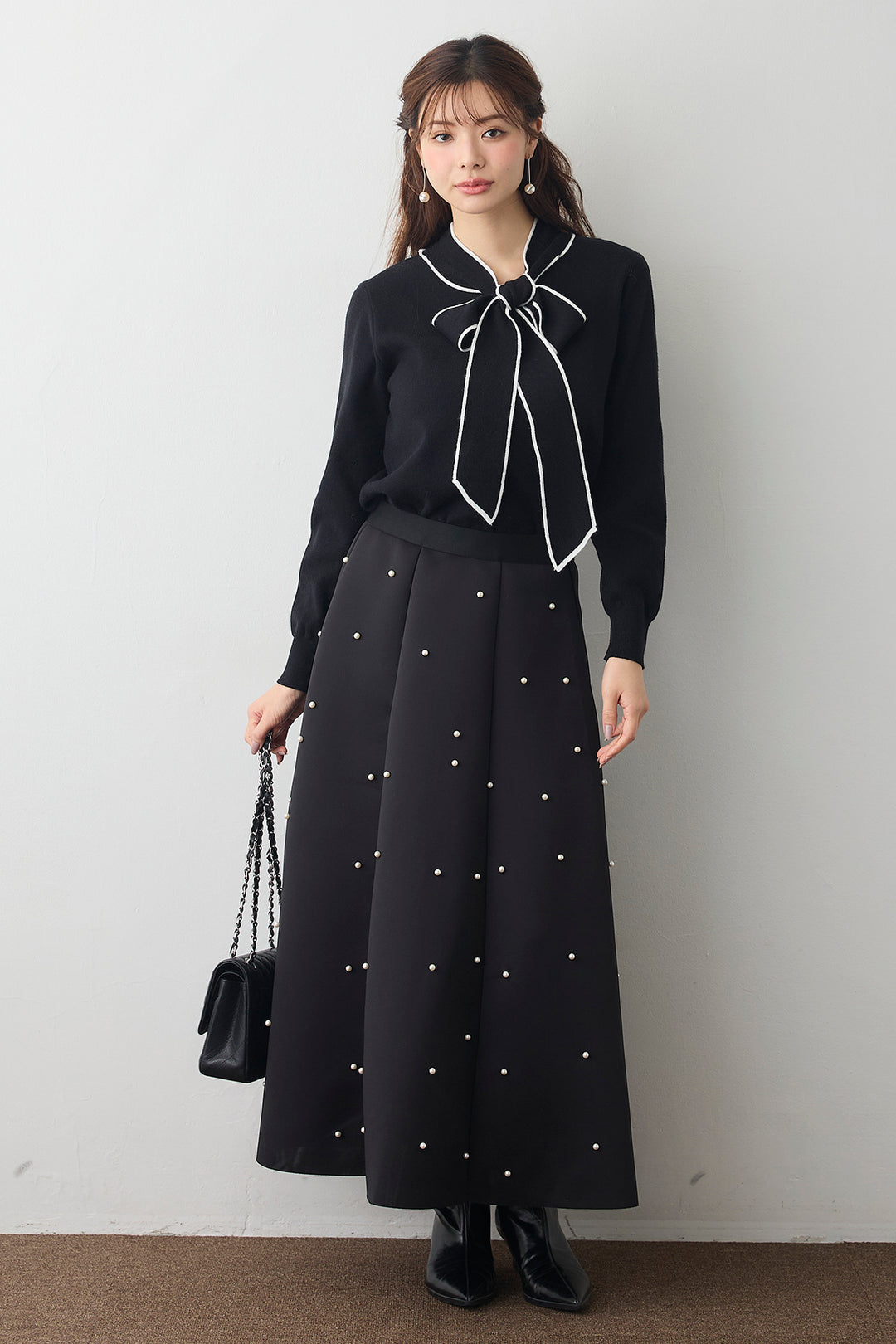 [予約/SET]配色ボウタイリボンニット+マルチパターンボンディングフレアスカート(2set)