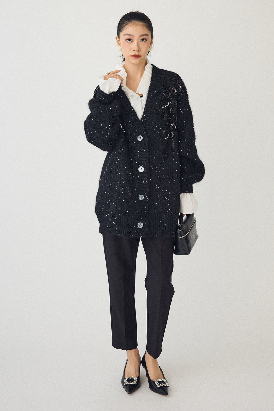 [予約/SET]ビーズフラワースパンコールシャイニーニットカーデ+タックテーパードパンツ(2set)