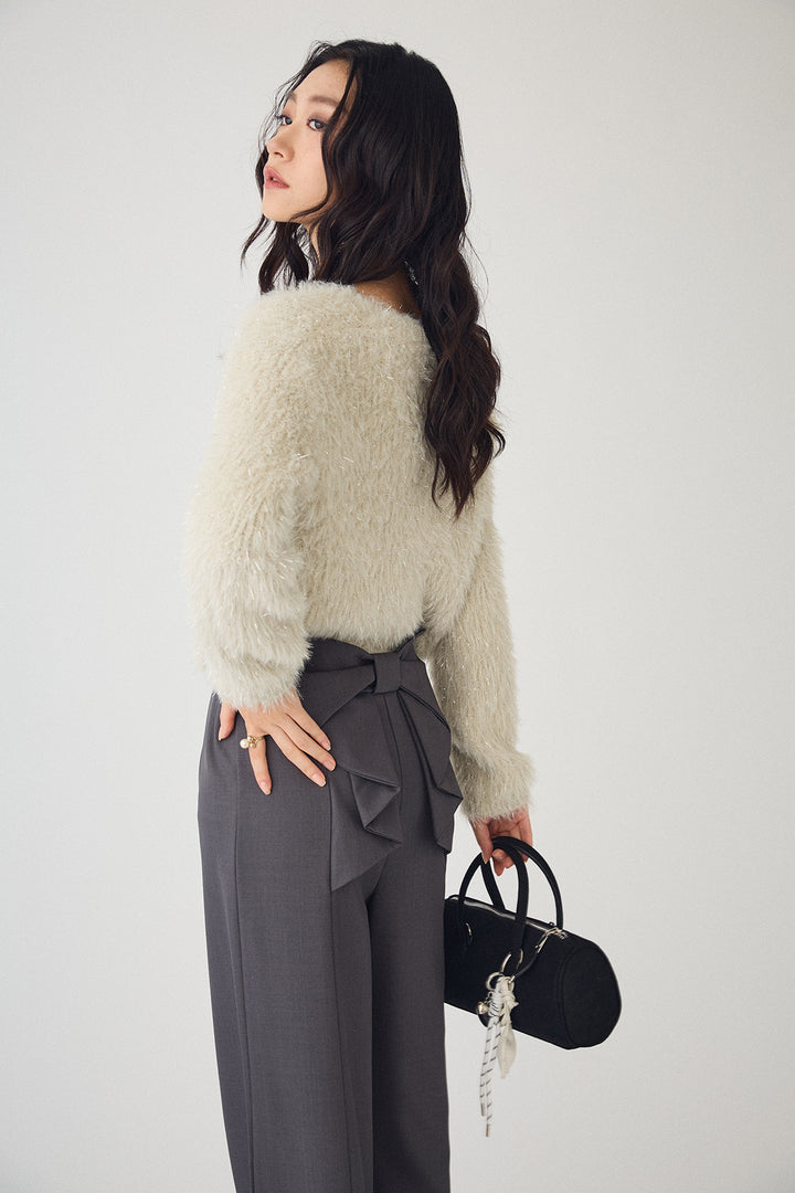 [予約/SET]ゴールドボタンラメシャギーニット+バックリボンストレートパンツ(2set)