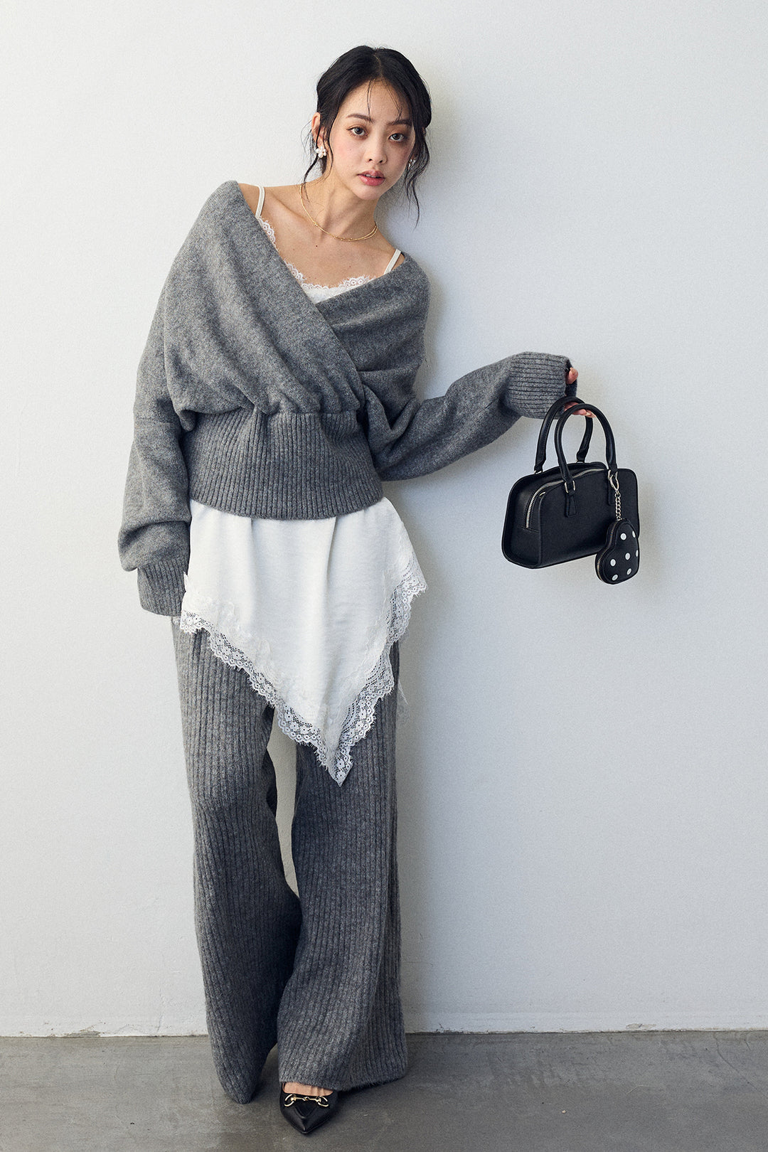 [予約/SET]カシュクール美ラインニットセットアップ+サテンレースアシメキャミ(2set)