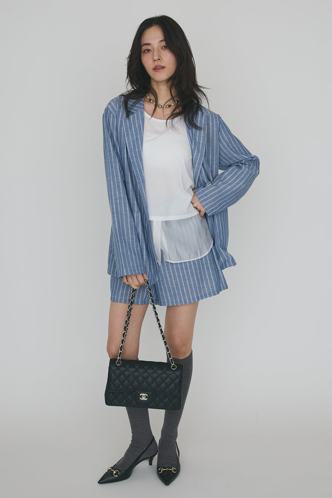 [予約/SET]ドライタッチオーガンジー切替タンクトップ+ストライプライトジャケットセットアップ(2set)