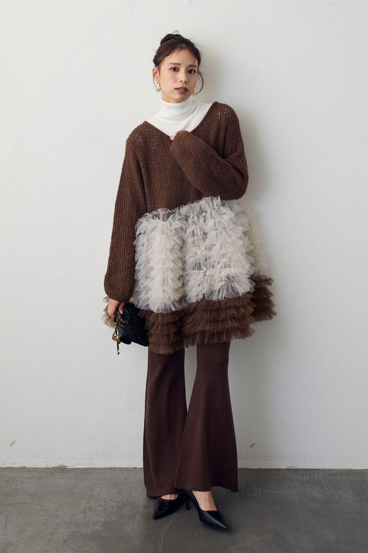 [予約]リブストレッチフレアニットパンツ