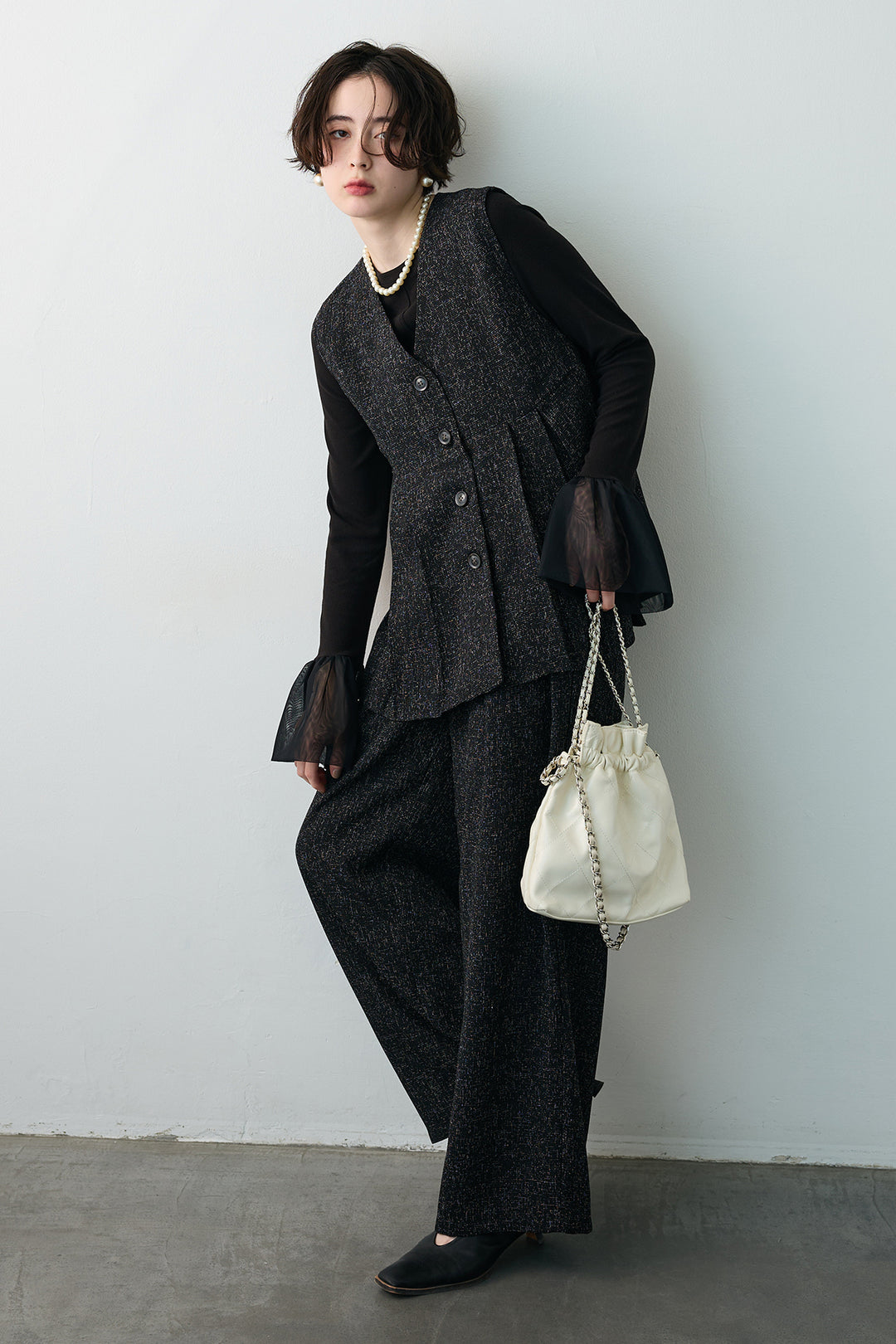 [予約/SET]サマーツイードボックスプリーツベスト+サマーツイードウエストラインタックパンツ(2set)