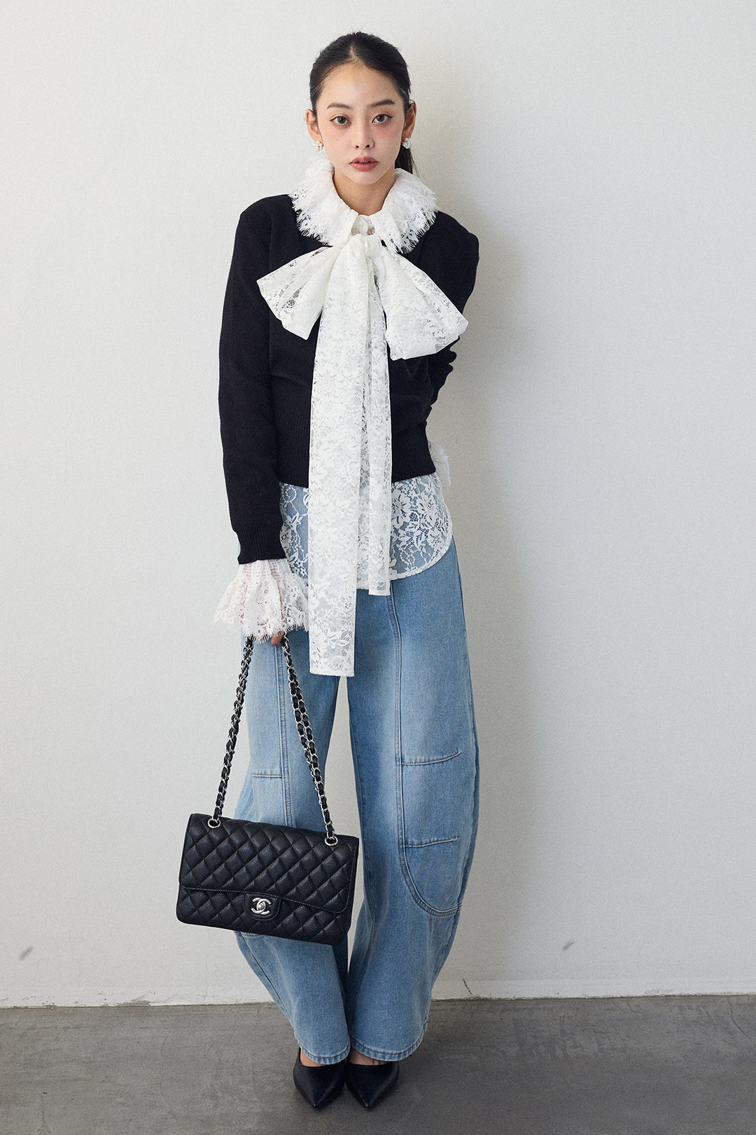 [予約/SET]クラシカルレースボウタイブラウス+カシュクールデザインニット+ステッチ美ラインカーブデニムパンツ(3set)