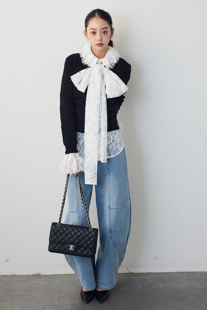 [予約/SET]クラシカルレースボウタイブラウス+カシュクールデザインニット+ステッチ美ラインカーブデニムパンツ(3set)