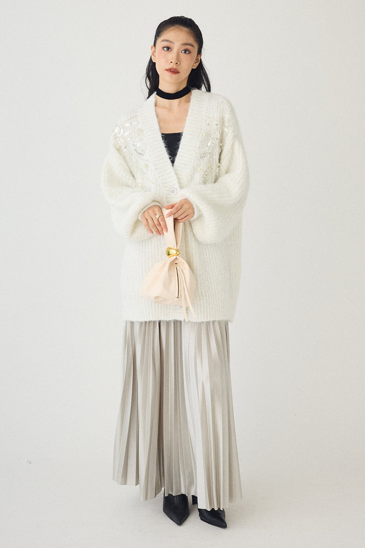 [予約/SET]ビーズフラワースパンコールシャイニーニットカーデ+シャイニープリーツサテンスカート(2set)