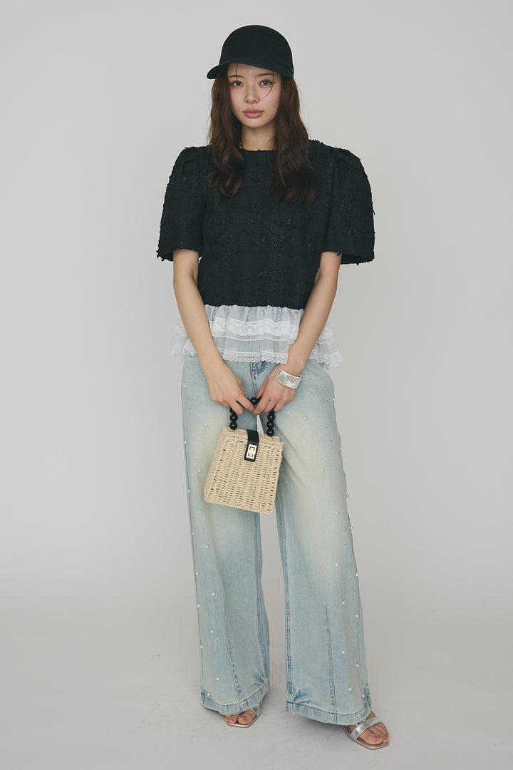 [予約/SET]サマーツイード異素材ドッキングトップス+パールラインストーンハイウエストデニム(2set)