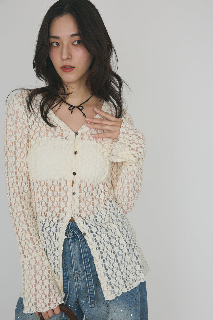 [予約/SET]カットレースフラワーVネックカーデ+ラインストーン美ラインデニム(2set)