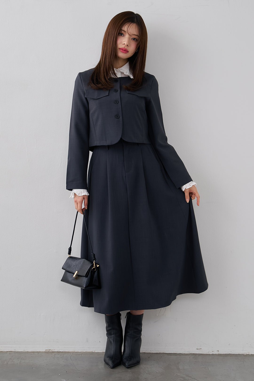 [予約/SET]ミニフリル襟ボリュームスリーブブラウス+ノーカラークロップドジャケットスカートセット(2set)