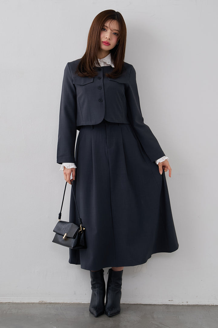 [予約/SET]ミニフリル襟ボリュームスリーブブラウス+ノーカラークロップドジャケットスカートセット(2set)