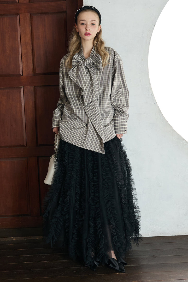 [予約/SET]マルチパターンボウタイアシメシャツ+Iラインホイップチュールスカート(2set)