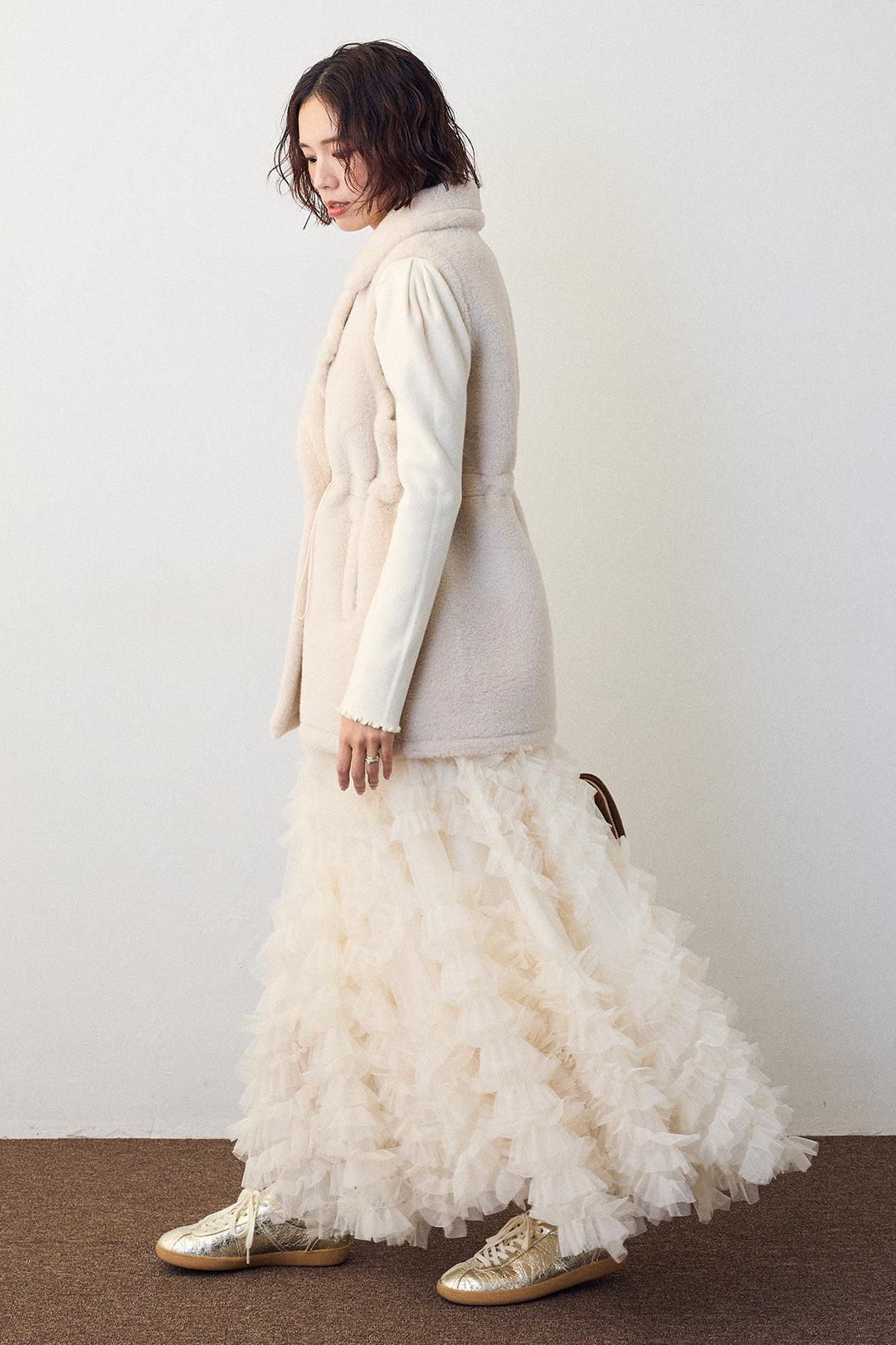 [予約/SET]ネックショルダーパールポイントニット+テディボアウエストドロストベスト(2set)