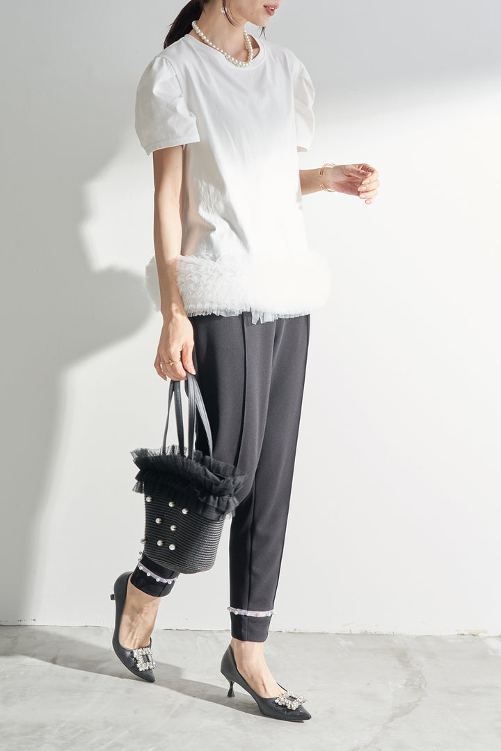 [予約/SET]チュールヘムドッキングTシャツ+シアーパールヘムテーパードパンツ(2set)