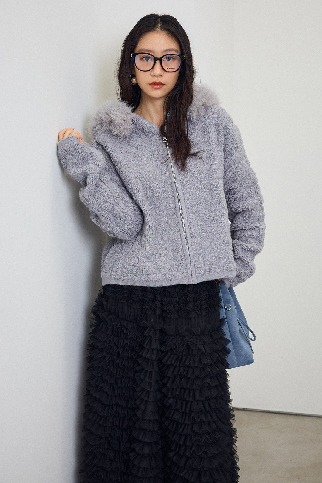 [予約/SET]フードファーキルトZIPニットブルゾン+ホイップチュールティアードスカート(2set)