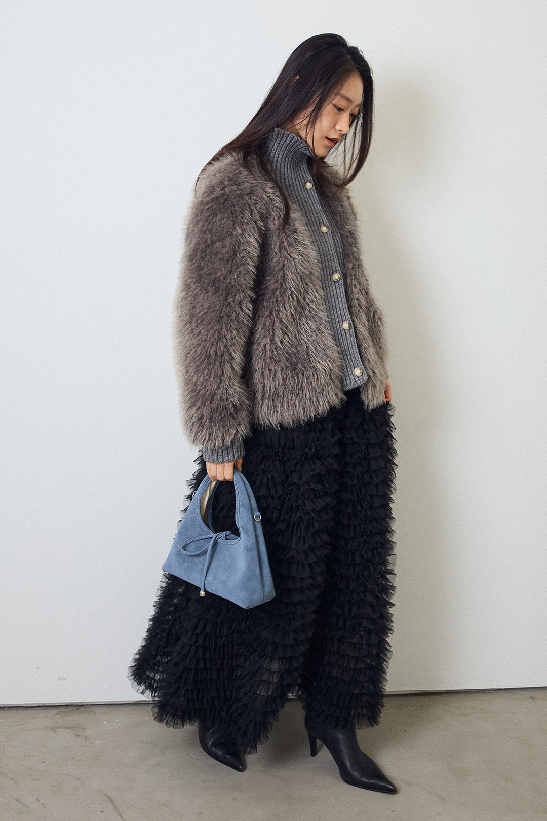 [予約/SET]シャギーファー×リブニットミックスジャケット+ホイップチュールティアードスカート(2set)