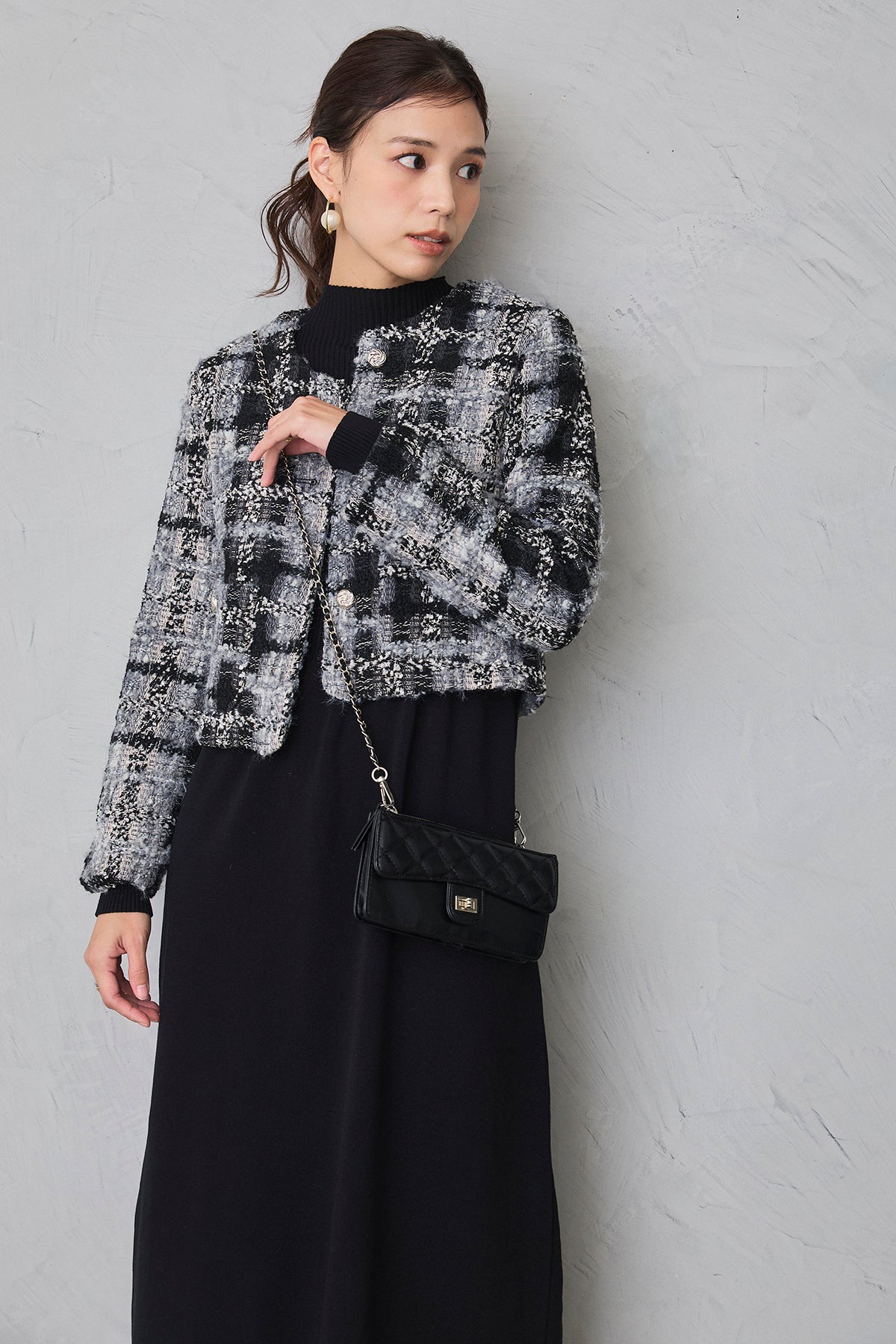 予約/SET]ツイードチェッククロップドジャケット+リブセミフレアニット