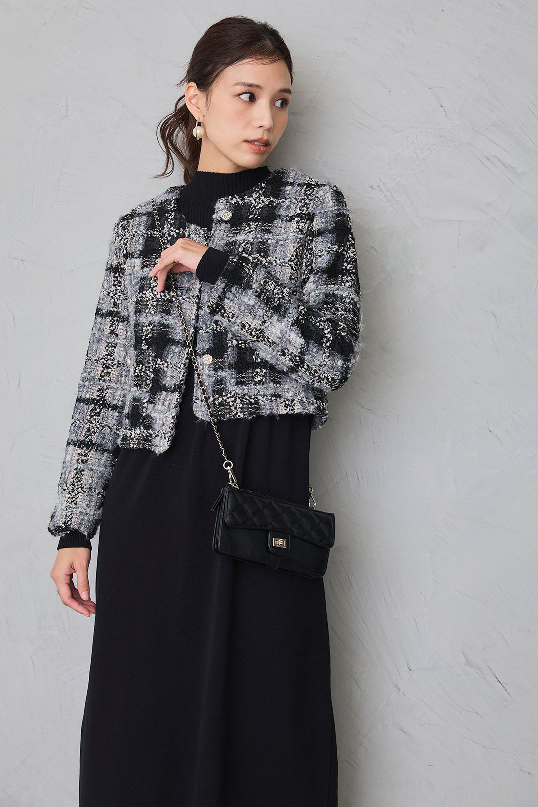 [予約/SET]ツイードチェッククロップドジャケット+リブセミフレアニットワンピース(2set)