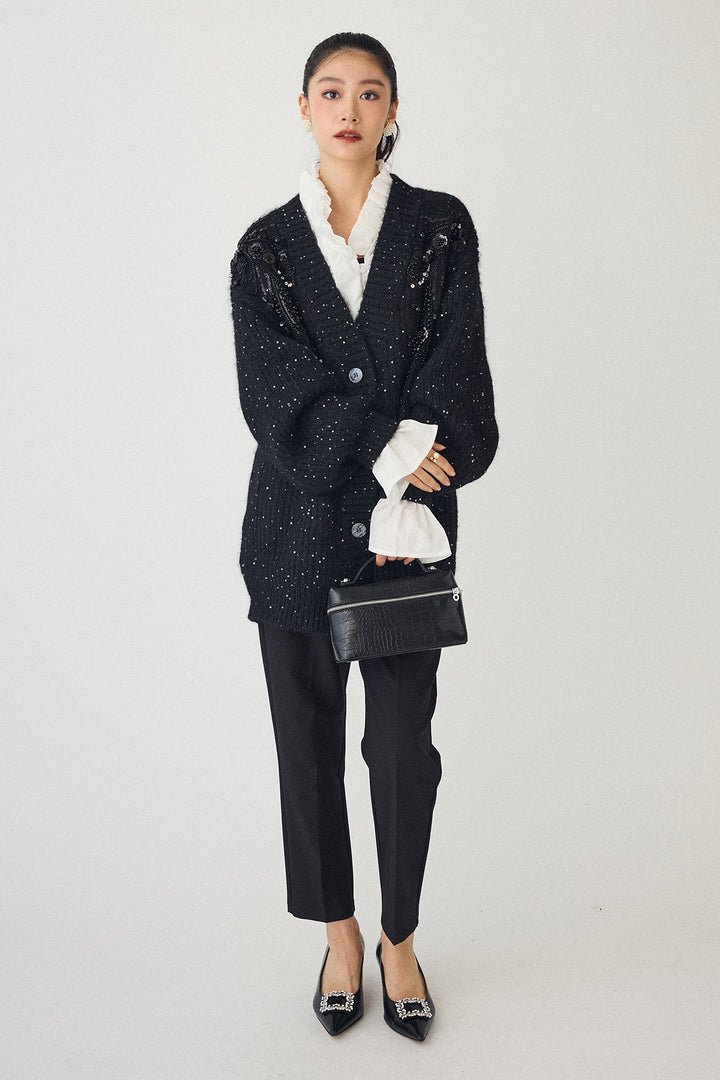 [予約/SET]ビーズフラワースパンコールシャイニーニットカーデ+タックテーパードパンツ(2set)