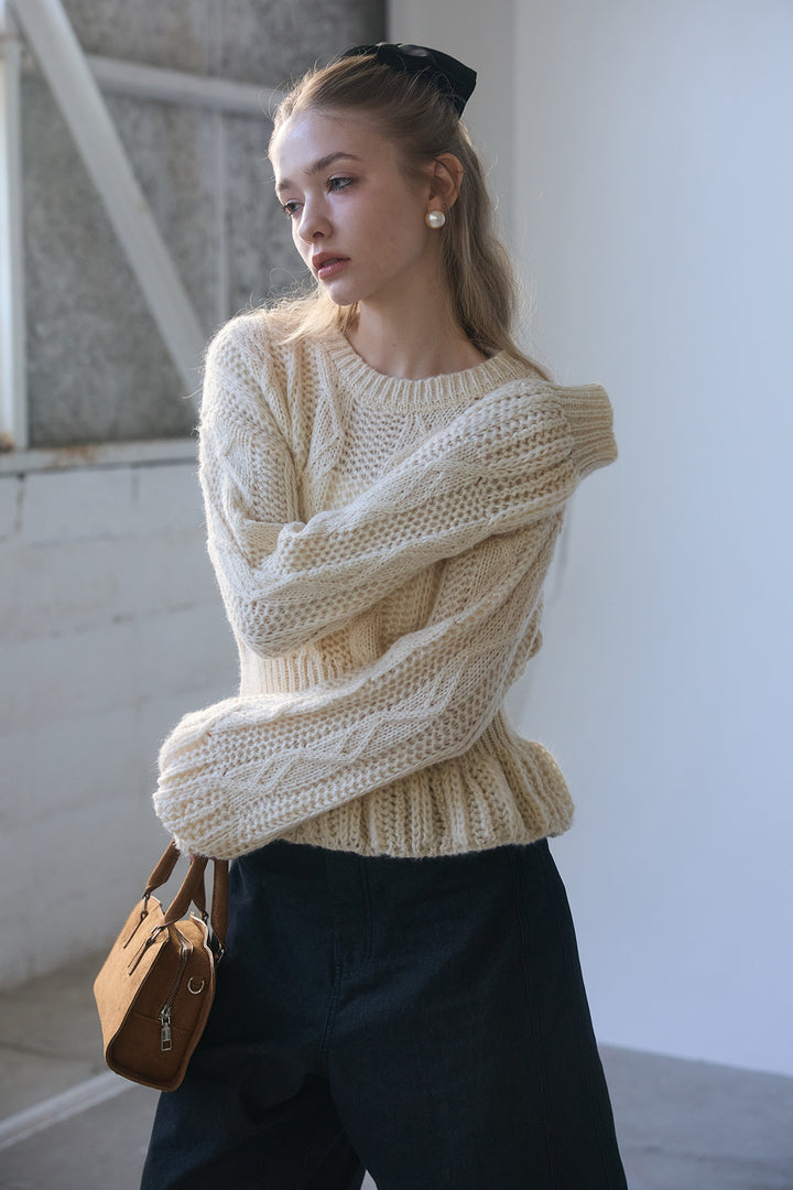 [予約/SET]ケーブル編ミニペプラムニット+デニムベーシックハーフパンツ(2set)