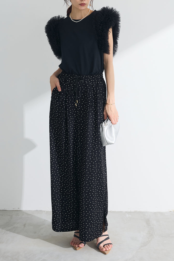 [予約/SET]チュールボリュームスリーブカットTシャツ+【接触冷感】ギャザータックワイドスリットパンツ(2set)