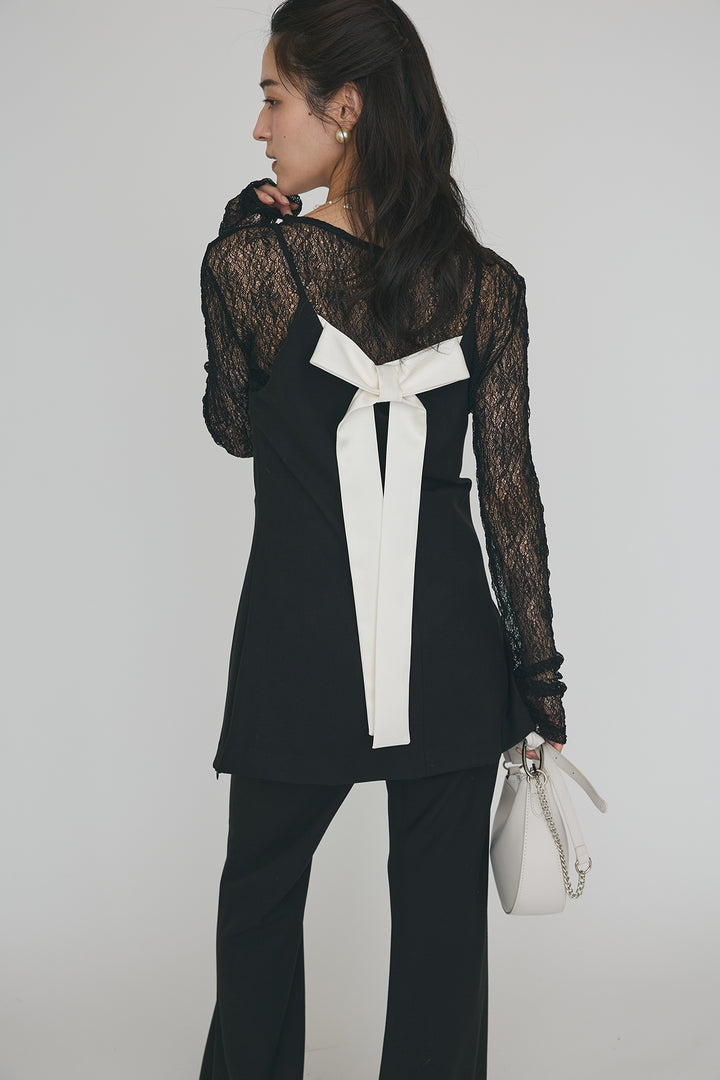 [予約/SET]ストレッチ繊細レーストップス+バックリボン美シルエットキャミチュニック+美脚セミフレアパンツ(3set)