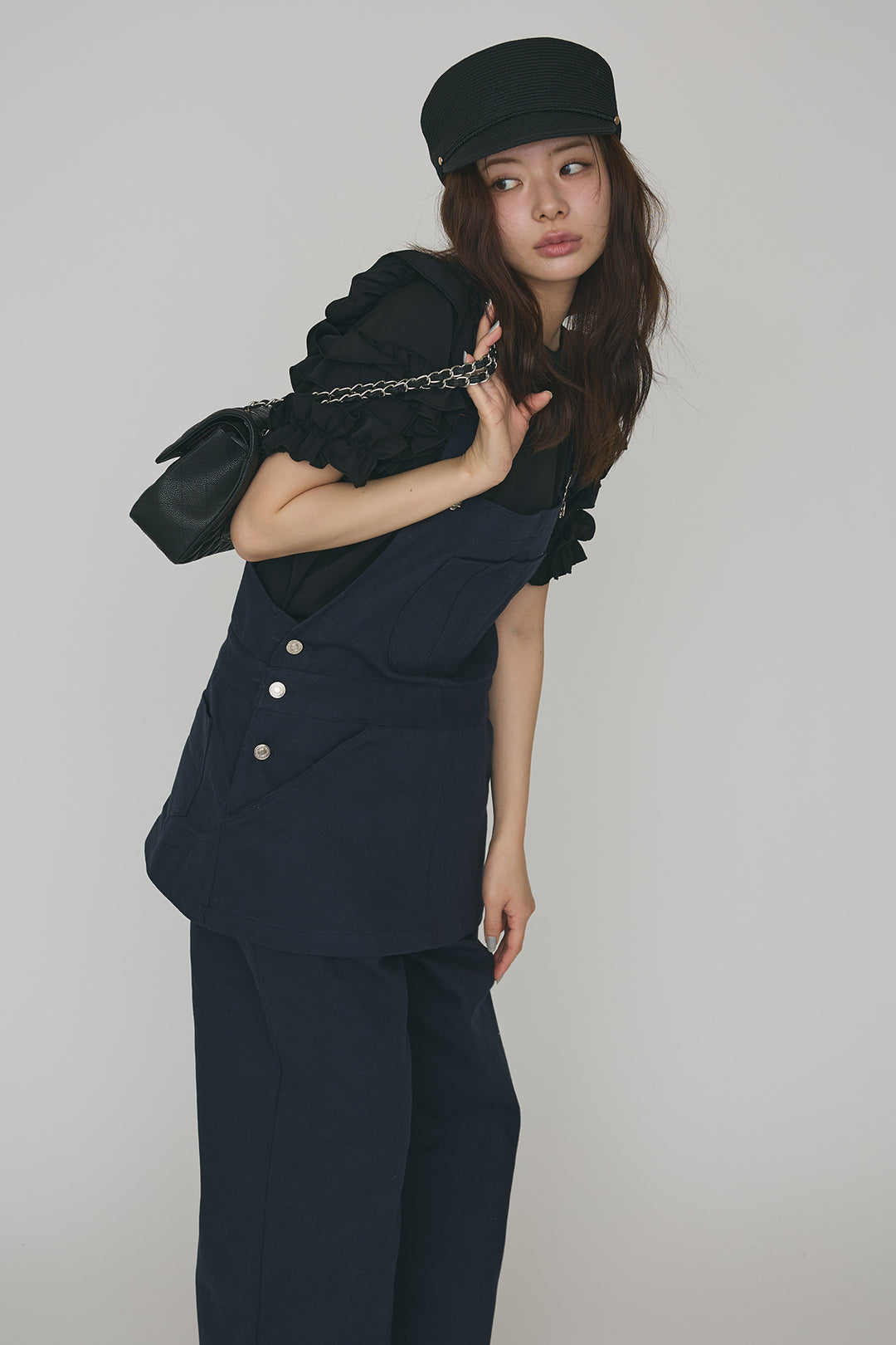 [予約/SET]フリルスリーブプルオーバーブラウス+エプロンデニムサロペ(2set)