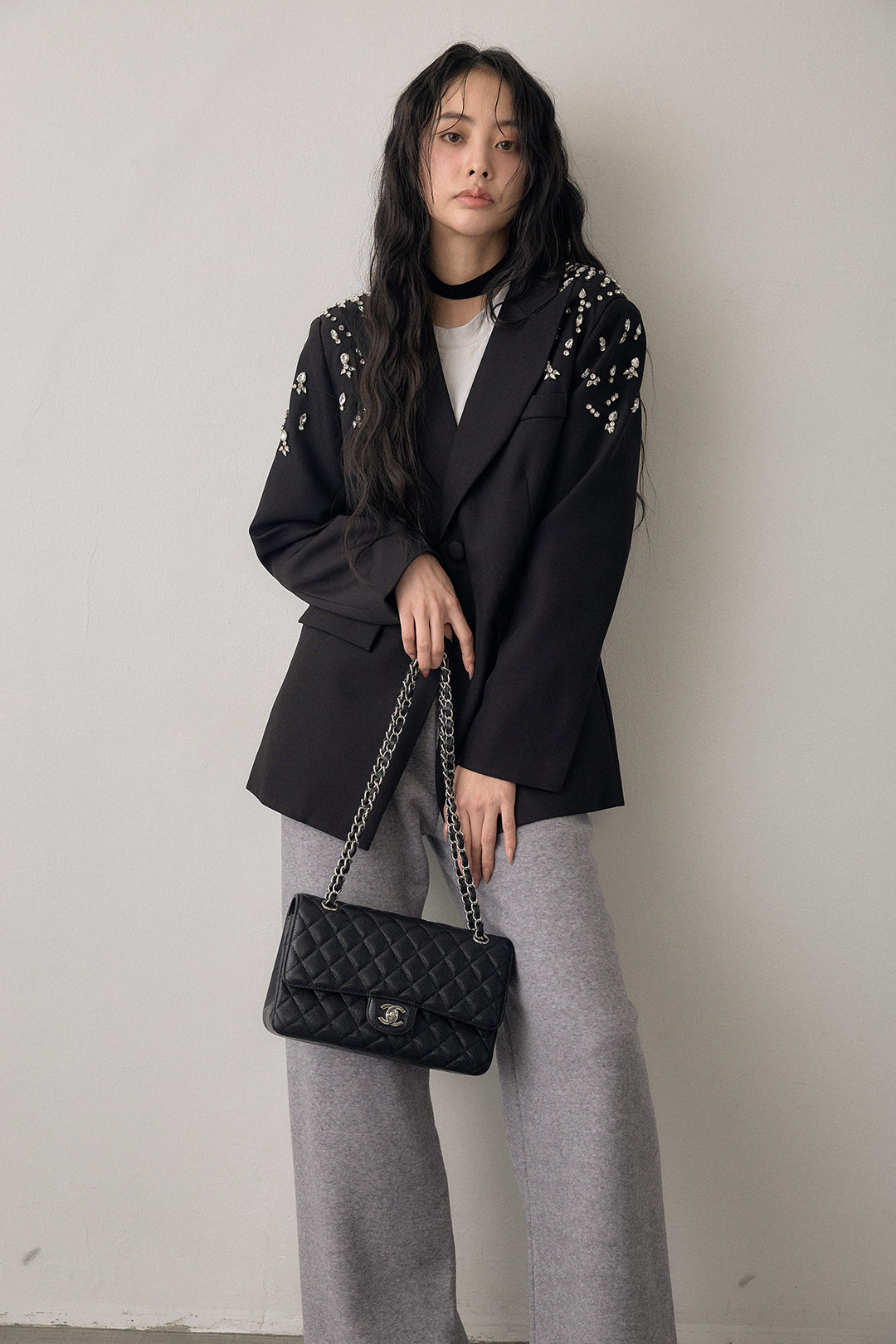 [予約/SET]ショルダービジューマニッシュジャケット+ウォームタッチイージーパンツ(2set)