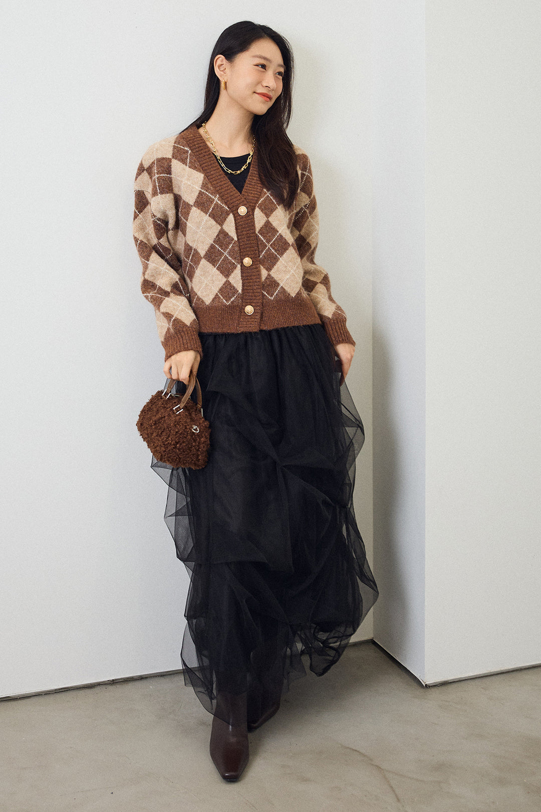 [予約/SET]アーガイル柄ゴールドボタンニットカーデ+マルチパターンタックチュールスカート(2set)