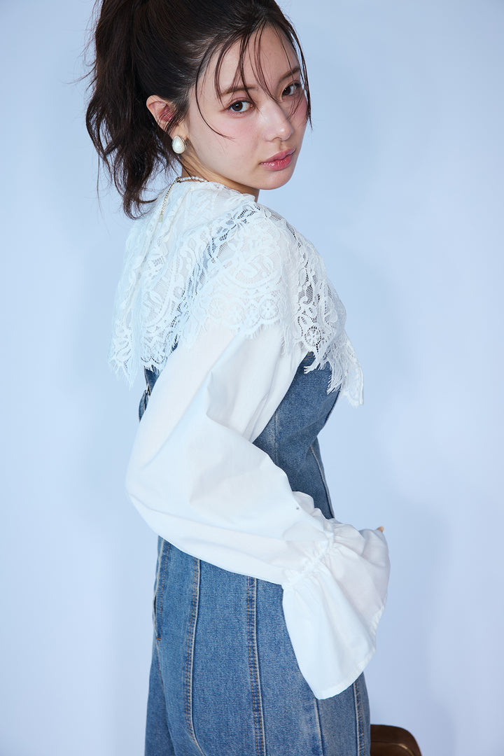 [予約/SET]繊細レースカラーキャンディースリーブブラウス+美ラインデニムサロペット(2set)