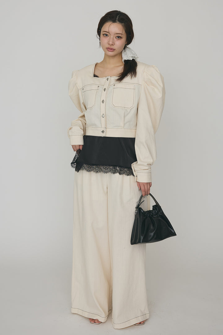 [予約/SET]ステッチパフスリーブクロップドジャケット+ステッチデザインハイウエストデニムパンツ(2set)