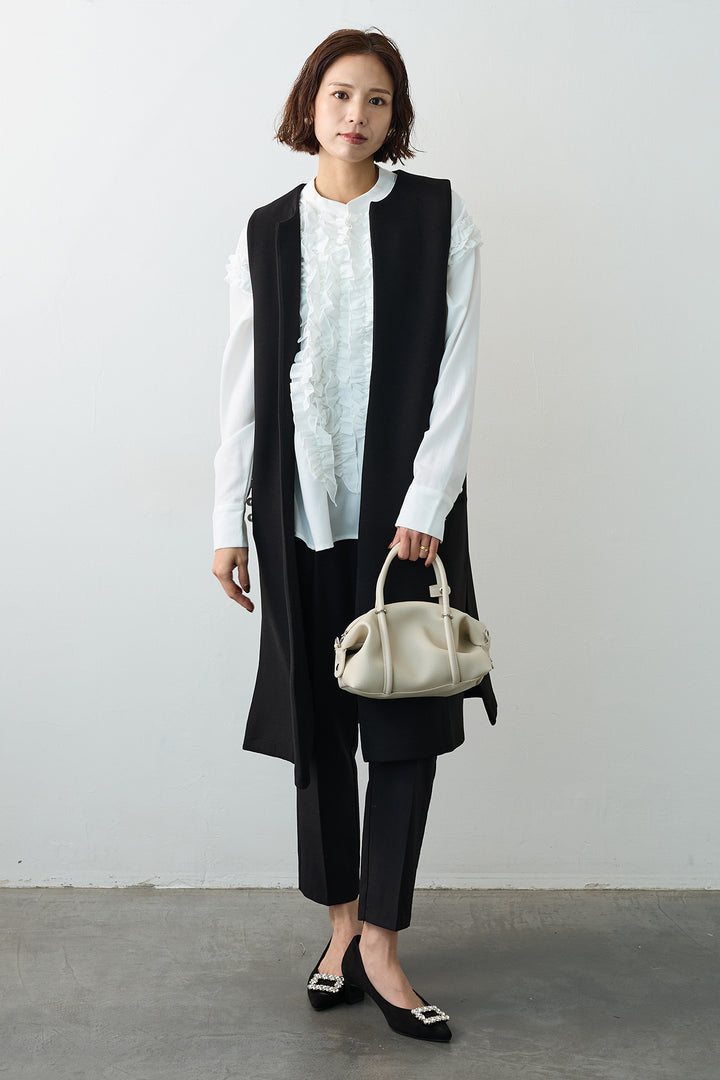 [予約/SET]Iラインフリルホイップブラウス+ポケットパール付きボンディングロングベスト(2set)