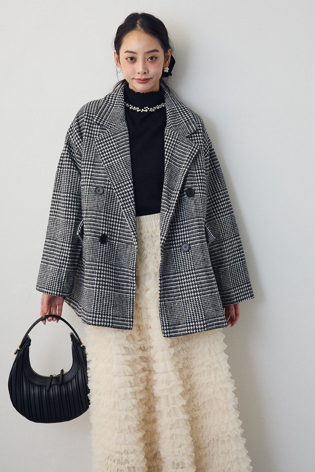 [予約/SET]ネックショルダーパールポイントニット+チェック柄ボクシーコート+ホイップチュールティアードスカート(3set)